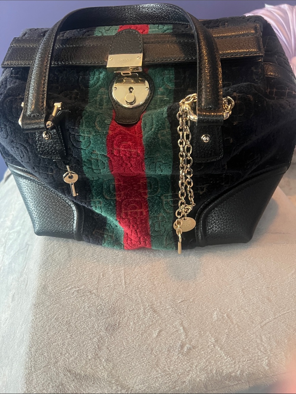 Authentic Gucci Black Satchel with Green and Red Web Stripe and Gold Hardware